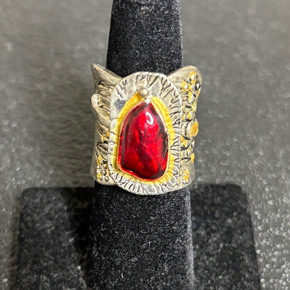 Vintage Chunky Silver and Gold Ring Red Tourmaline